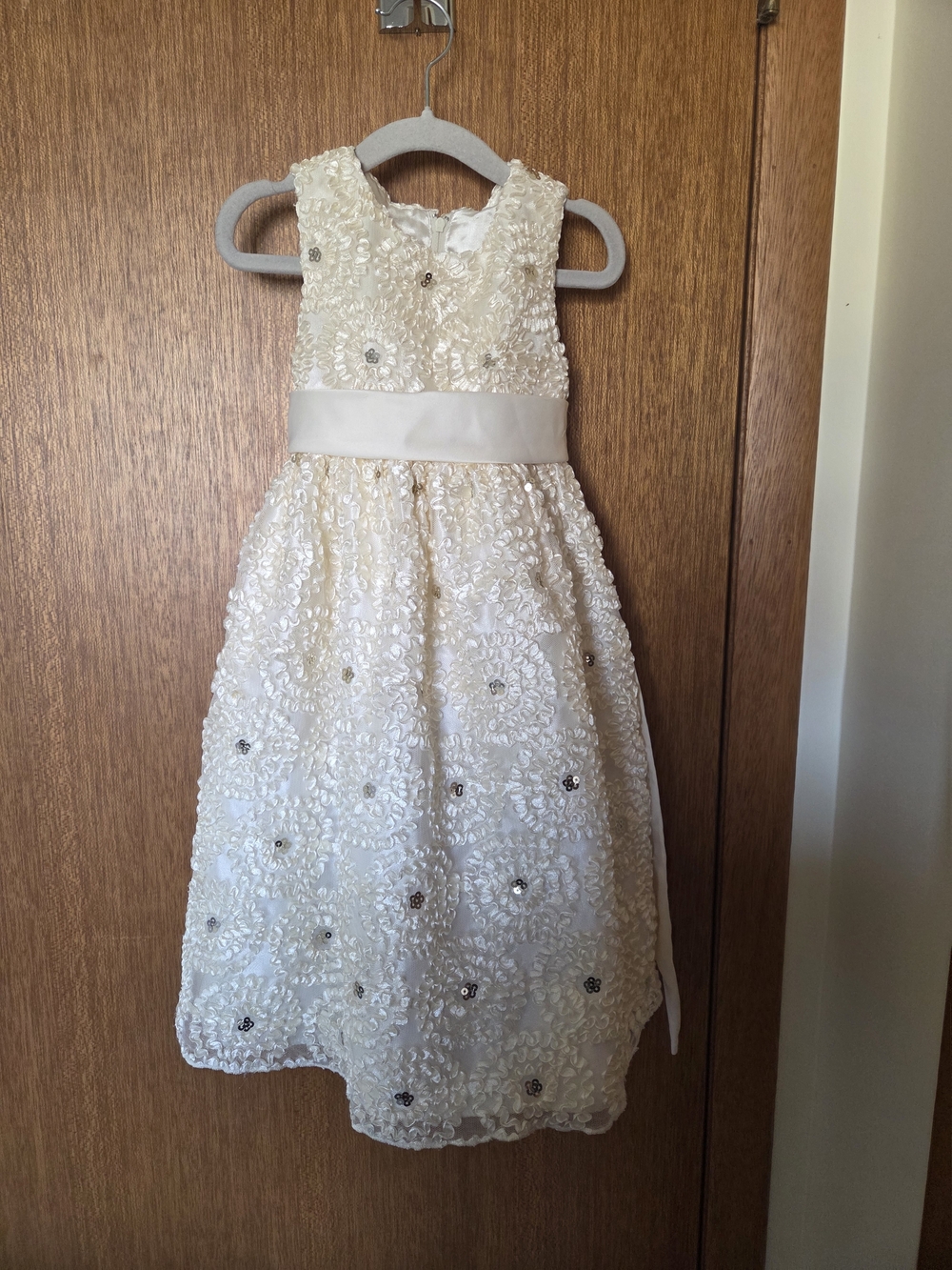 Cinderella Ivory Floral Sequin Flower Girl Dress with Satin Sash